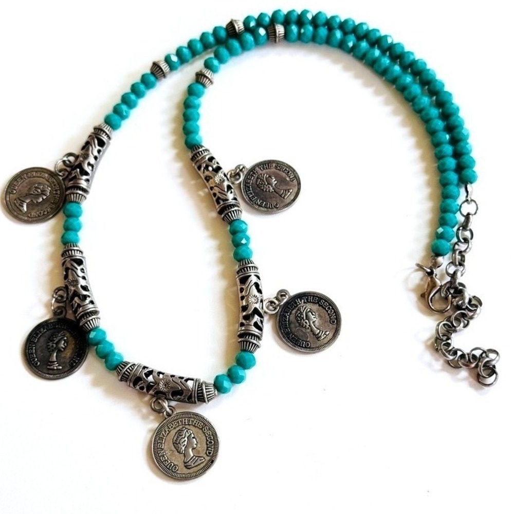 Regal Coin 90s Necklace blue teal glass silver Tone Collar‎ dangle 26" statement